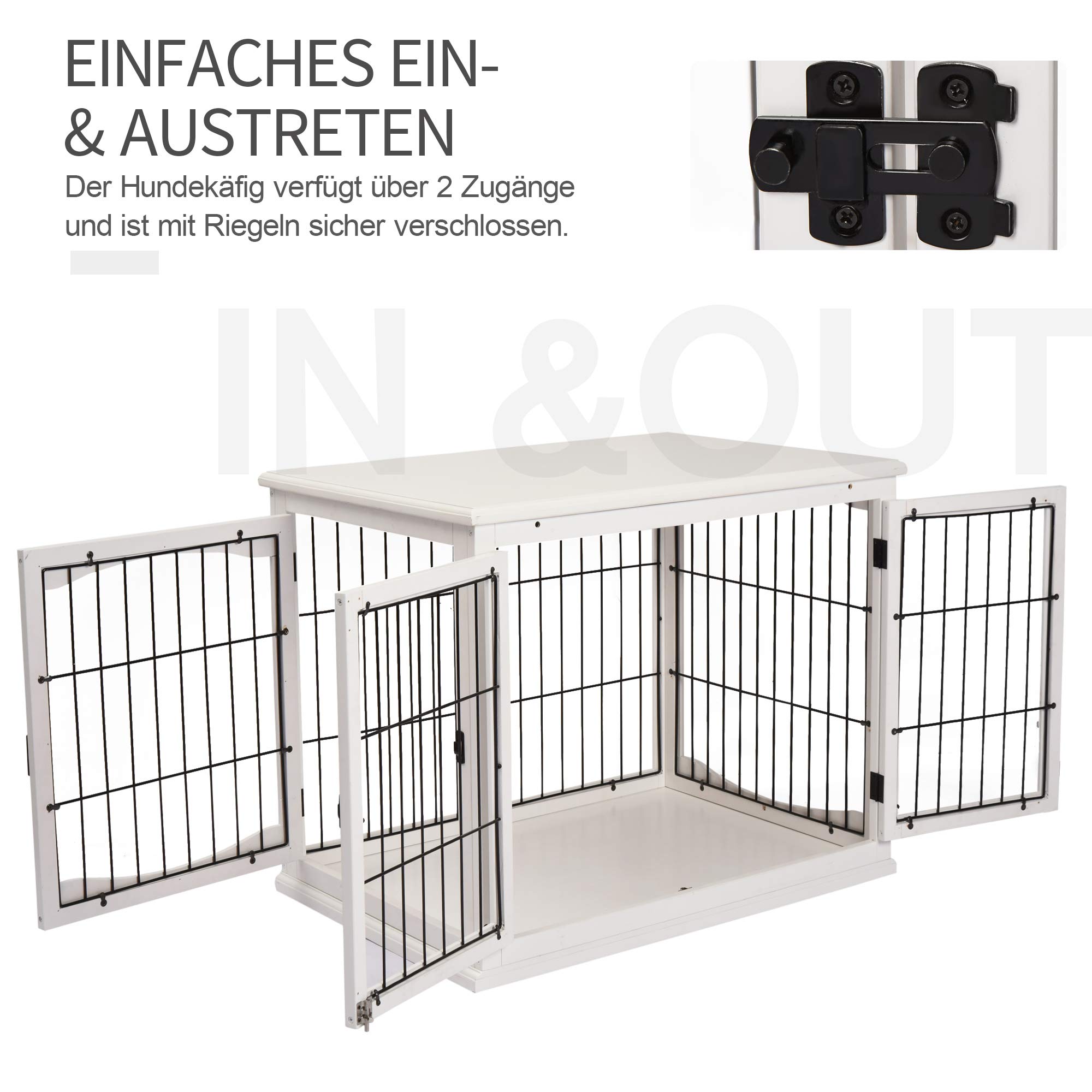 PawHut Hundekäfig Möbel mit 2 Eingängen Moderne MDF Hundebox für Zuhause Indoor Hundehütte für mittelgroße und kleine Hunde bis zu 20 kg Hundehaus 58,5x81x66 cm Weiß