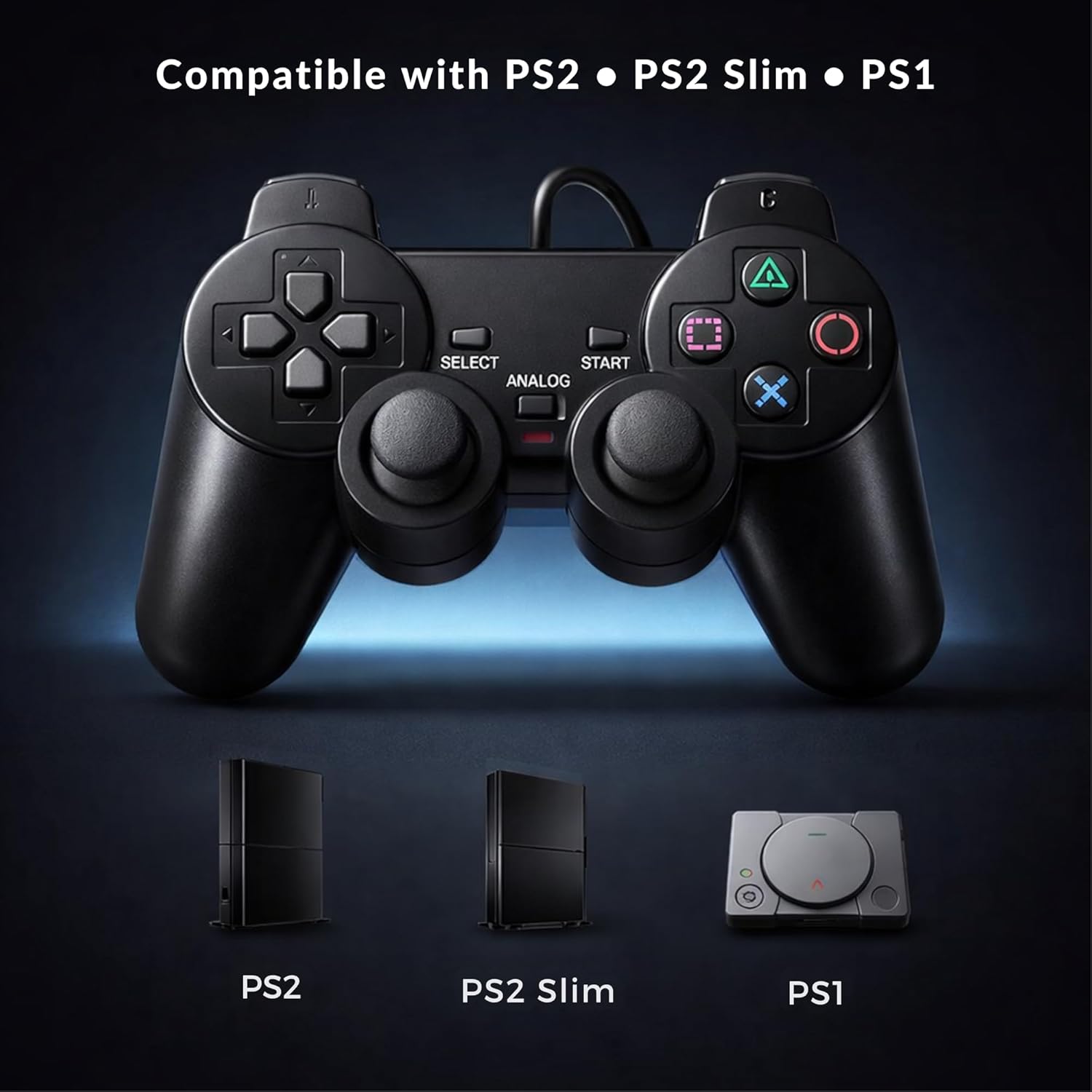 Digital Dynasty PS2 Controller, 2 Packs Wired Controller Compatible with PS2/PS2 Slim/PS1, PS2 Replacement Wired Controller with Dual Vibration, Black