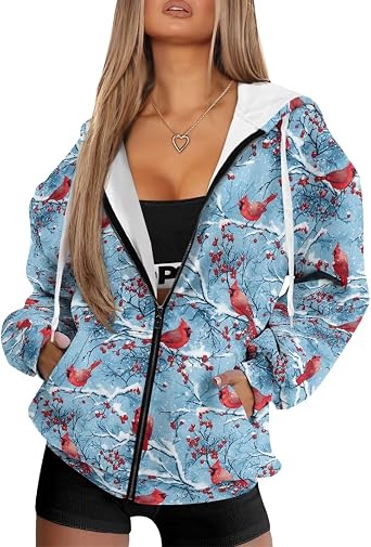 Christmas Full Zip Up Hoodies for Women Casual Long Sleeve Tops Plus Size Hooded Jacket Sports Pullover Sweatshirts