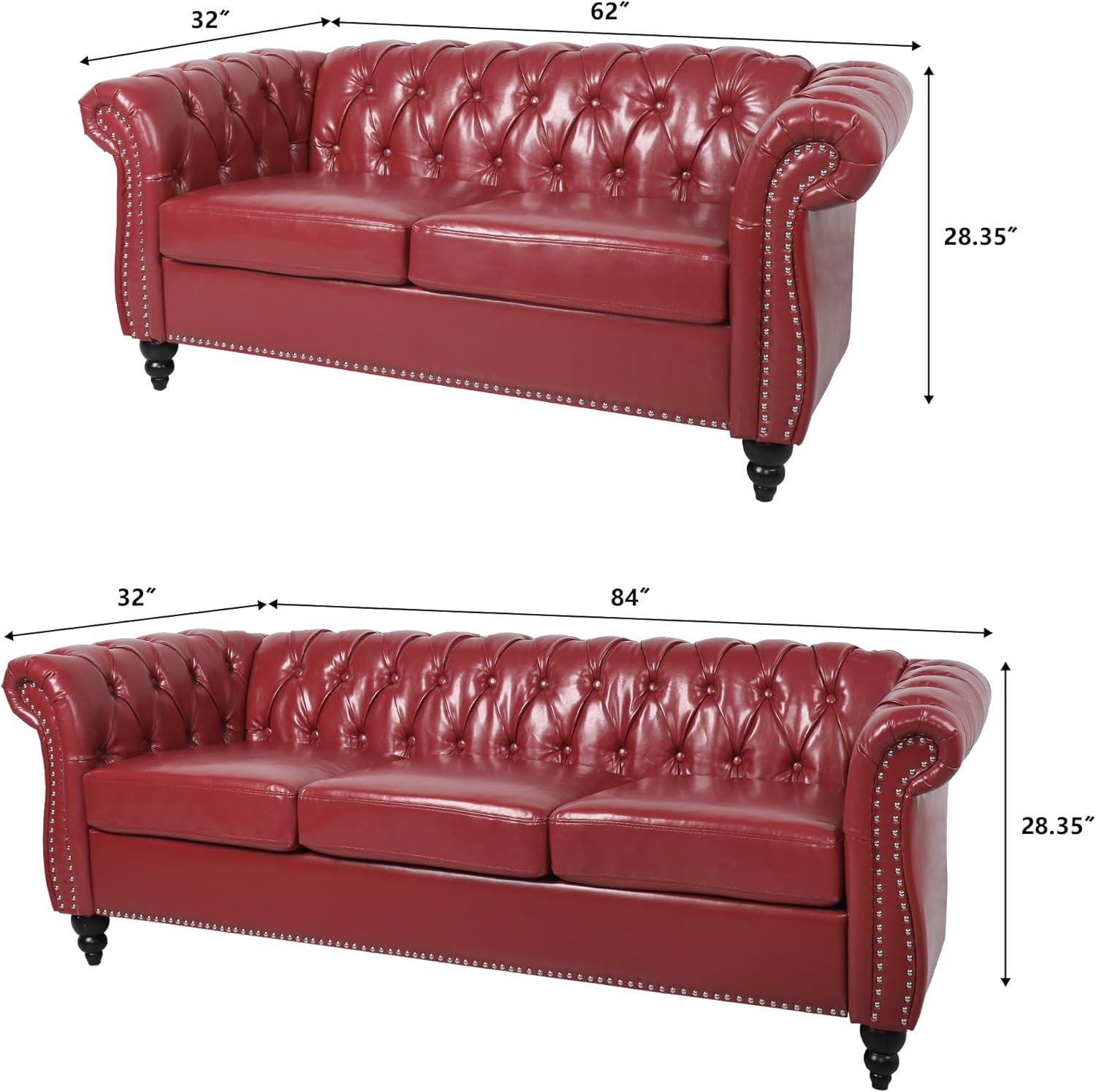 Faux Leather Sofa and Loveseat set, Mid Century Modern Upholstered Couch with Cushions, 2-Piece Home Sofa Living Room Furniture Sets, Comfy Tufted Chesterfield Couches for Bedroom, Office (Wine Red)