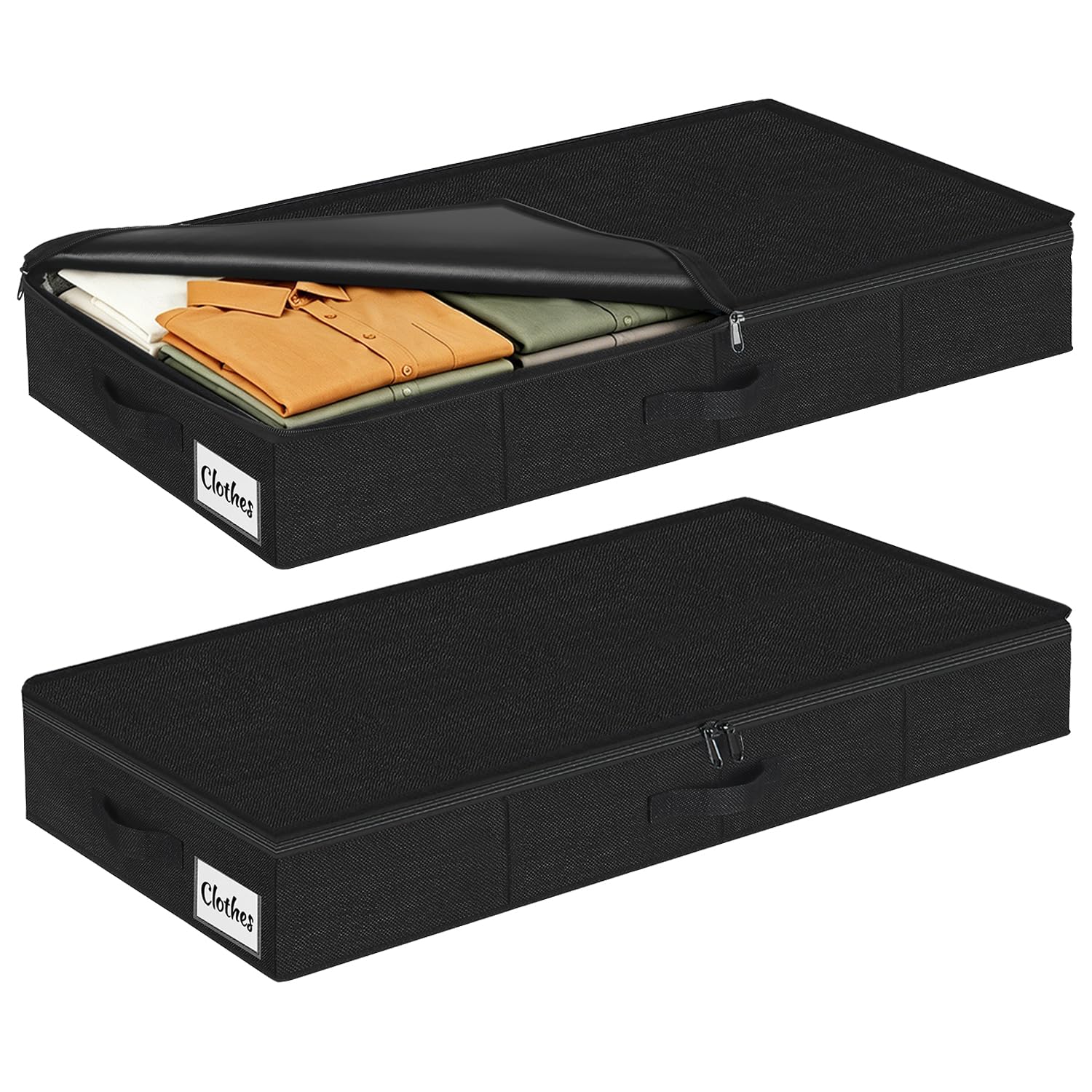 Nestwerk Rigid-Black-2Pcs Under Bed Storage Box With Lid 2 Pack, 12Cm Slim Low Profile Underbed Clothes Organiser For Home, Blanket And Toy Storage Box Under Sofa And Cot, W/Sturdy Bottom/Sides, Foldable Thick Fabric