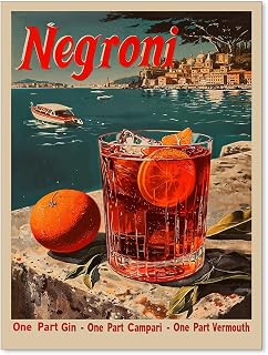 WLZWD Negroni Cocktail Poster Retro Martini Alcohol Drink Wall Art Vintage Bar Cart Decor Fashion Fruit Orange Canvas Prints for Dining Room Kitchen Wall Decor 12x16 inch Unframed