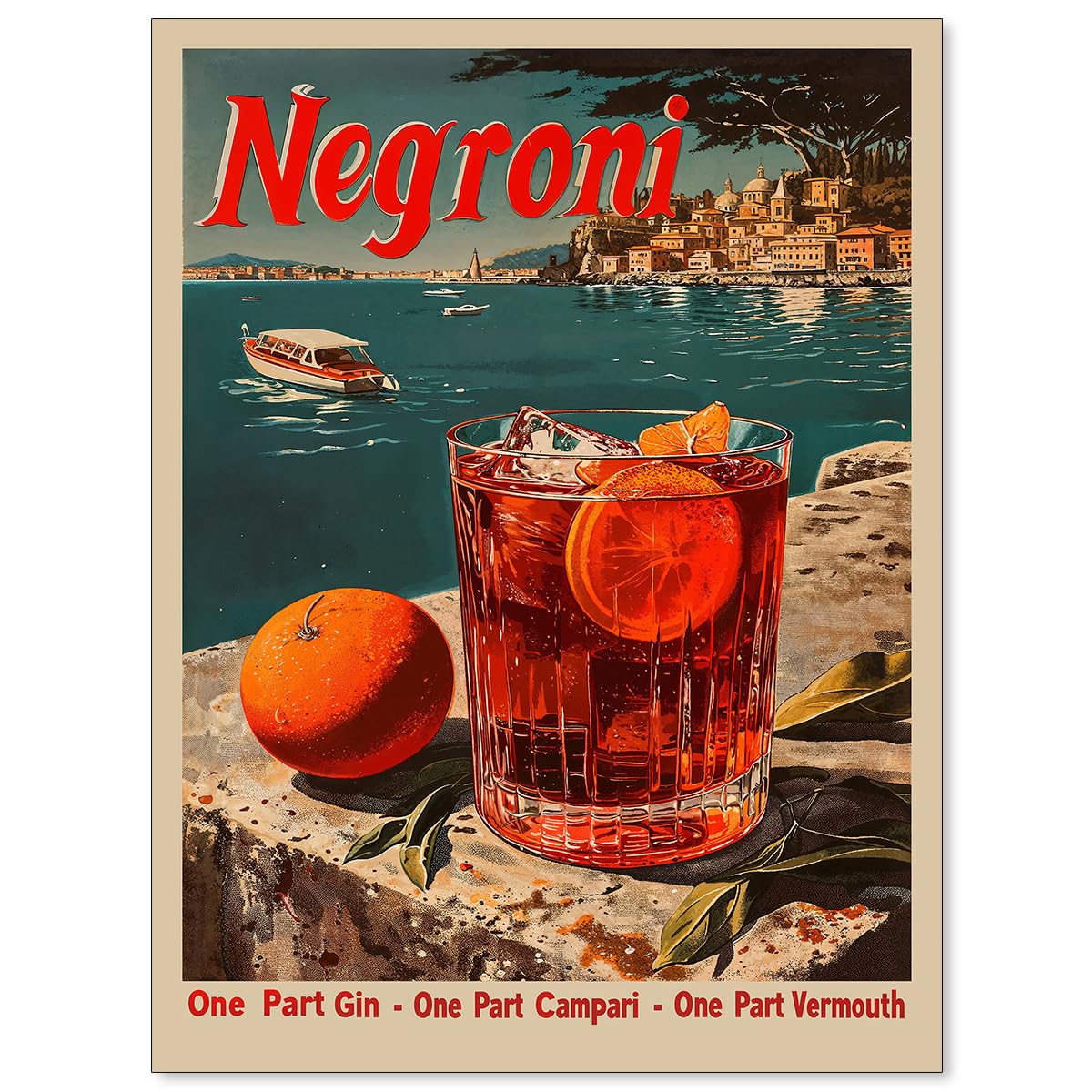 WLZWD Negroni Cocktail Poster Retro Martini Alcohol Drink Wall Art Vintage Bar Cart Decor Fashion Fruit Orange Canvas Prints for Dining Room Kitchen