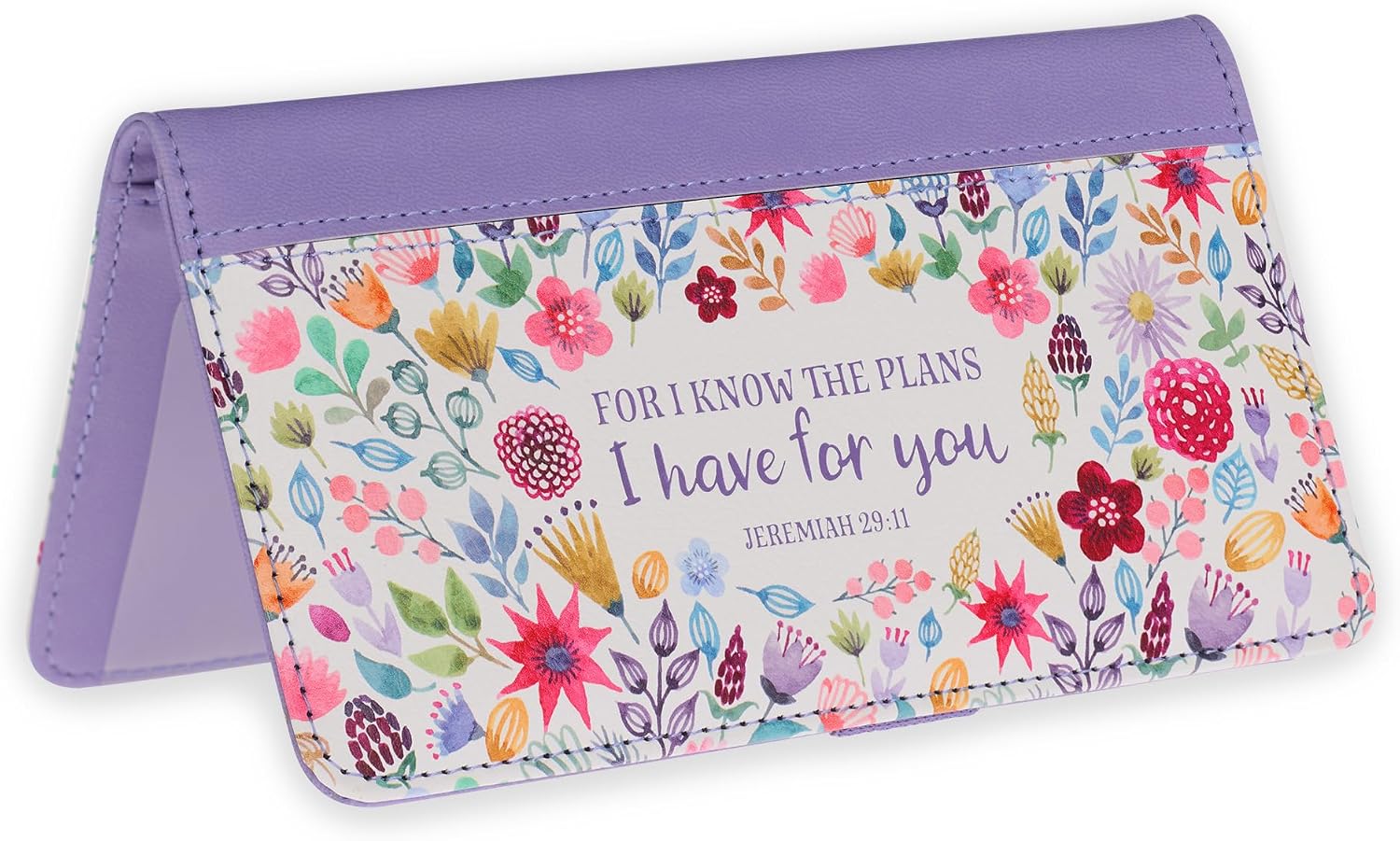 Christian Art Gifts Purple Faux Leather Checkbook Cover for Women with Scripture - For I Know The Plans - Checkbook Covers for Duplicate Checks, ID, Credit Cards, & Pen Loop Holders - Jeremiah 29:11