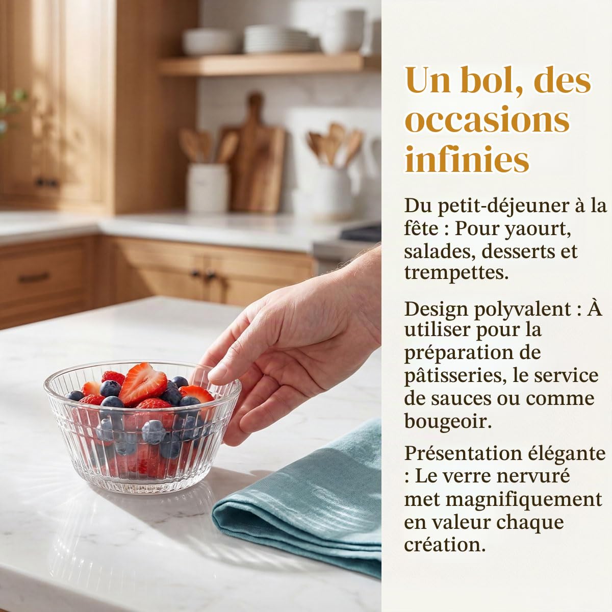 Lot de 6 Bols à Dessert en Verre Cannelé – 320 ml – Empilables Gain de Place – Pour Salade de Fruits, Yaourt, Glace, Apéro – Va au Lave-Vaisselle pour Maison, Mariage, Mère