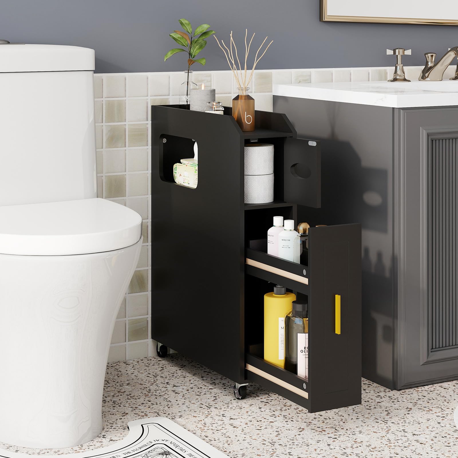 COSTWAY Armario Auxiliar de Baño con Ruedas Bloqueables, Mueble de Baño Estrecho con Cajón Deslizante, Caja de Pañuelos, Soporte para Cepillo de Inodoro para Cocina Salón, 50 x 16 x 69 cm (Negro)