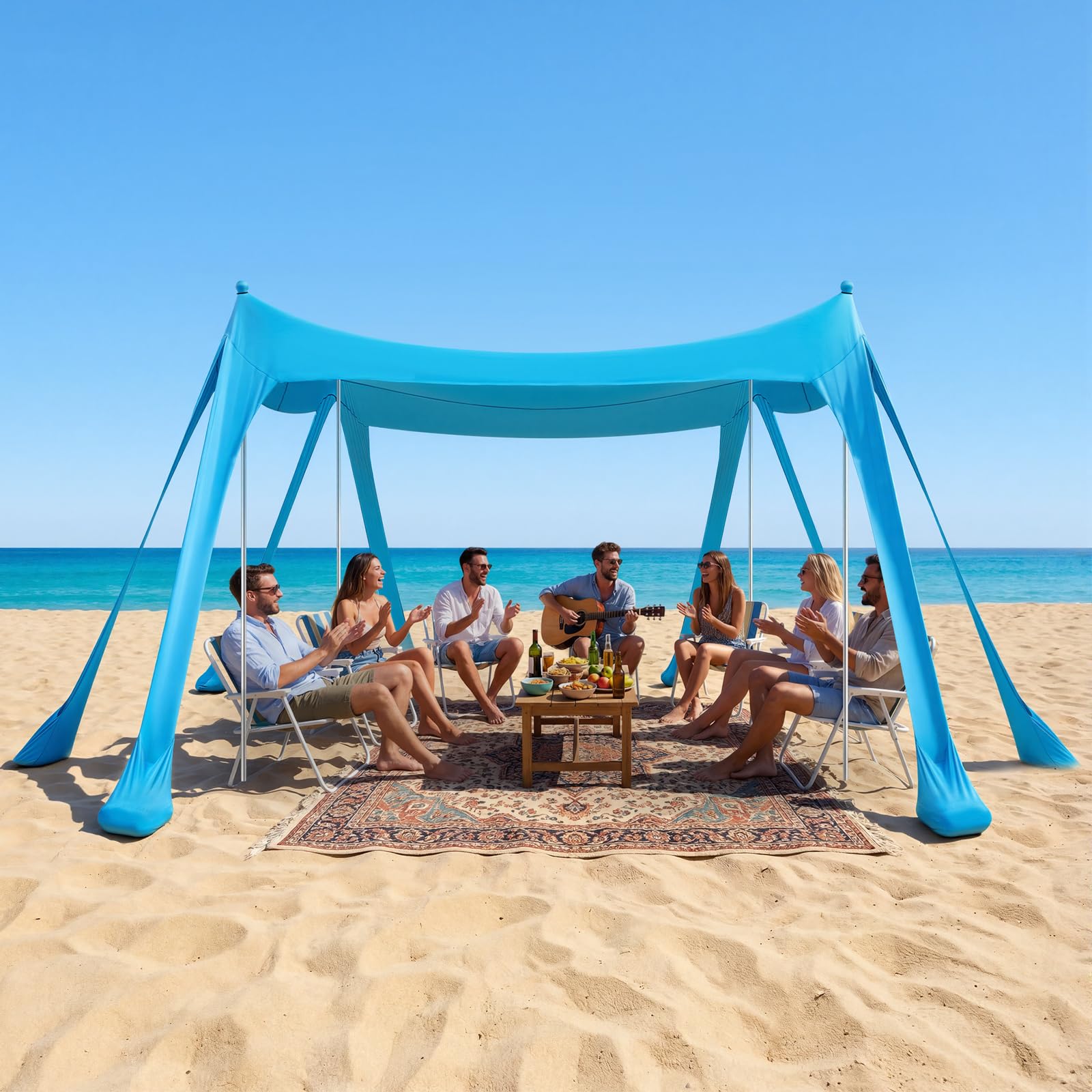 VEVOR Tenda Parasole da Spiaggia Protezione Solare UPF 50+ Portatile 3x3x2 m, Tenda da Spiaggia Parasole con Sacchi di Sabbia Ancoraggio Pali di Supporto, per Campeggio Viaggio Pesca, Blu