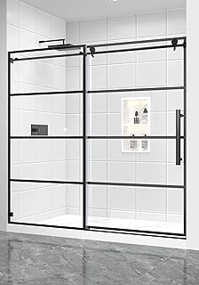 68-72" W x 72" H Frameless Sliding Shower Door Single Sliding Door with 5/16" (8mm) Black Grid Pattern Ultra-Clear SGCC Tempered Glass in Matte Black, Reversible Installation