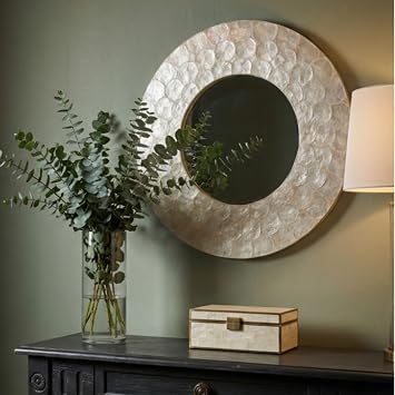 East at Main Round Capiz Shell Wall Mirror Decorative Seashell Mosaic Mirror for Bathroom Vanity, Bedroom, Entryway or Living Room Handmade Coastal Wall Decor, Mother of Pearl Finish, 27 White