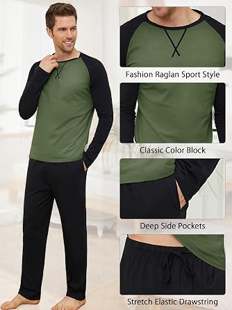 Mens Pajamas Set Cotton Pjs for Men Sleepwear Long Sleeve & Pajama Pants Soft 2 Piece Sets with Pockets
