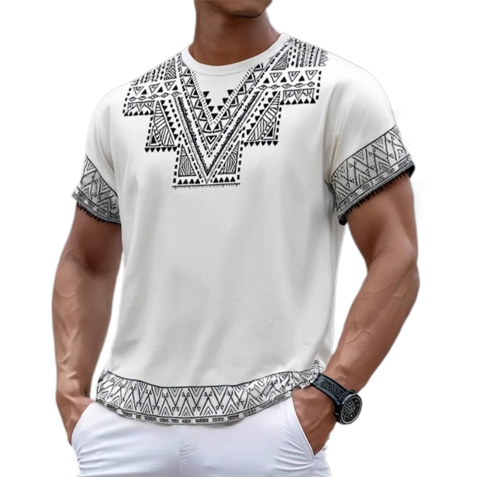 T-shirt Africain Dashiki Pour Homme - Style Hippie - Col Rond - Manches Courtes - Imprimé Ethnique - T-shirt D'été Africain - Décontracté - Style