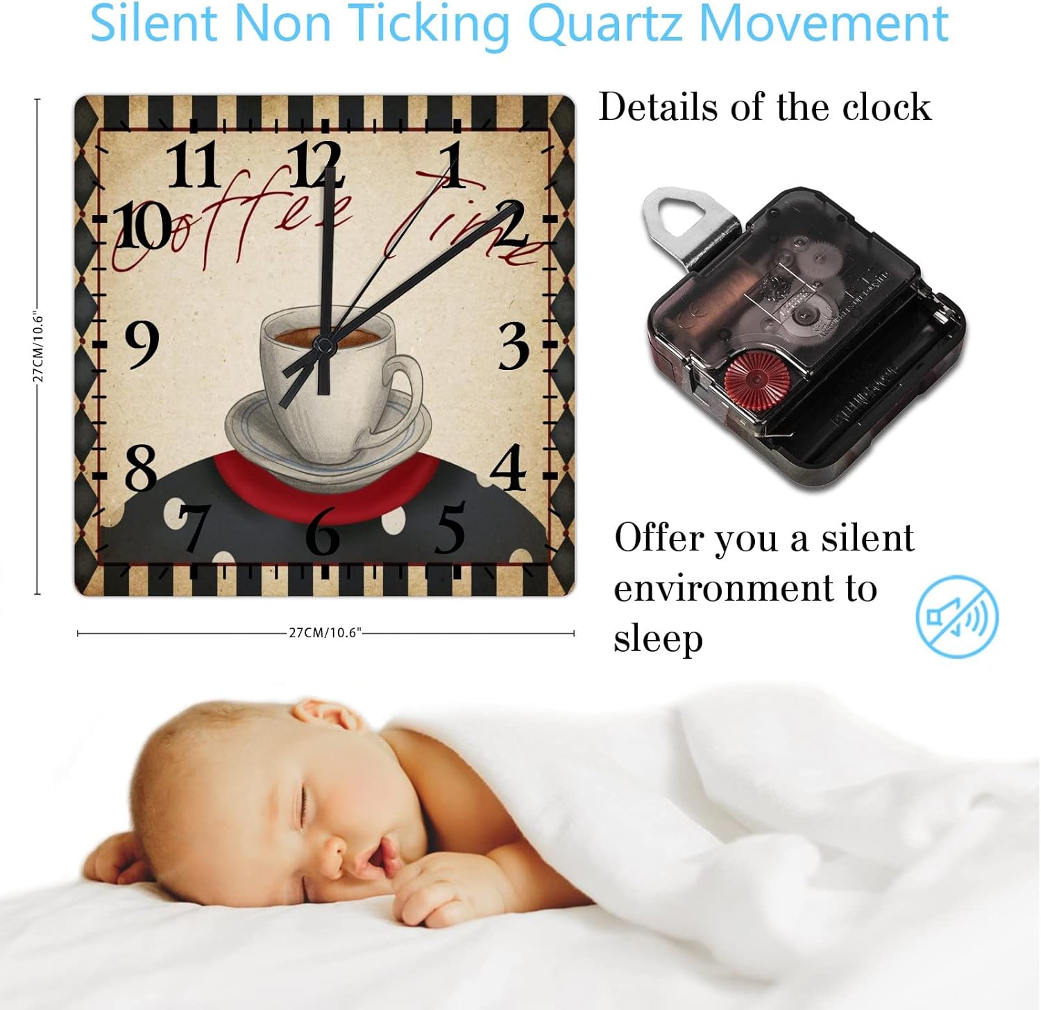 Wall Clocks Coffee Time Clocks for Living Room Decor Battery Operated Arabic Numeral Latte Coffee Square Clock for Home Office 10 Inch