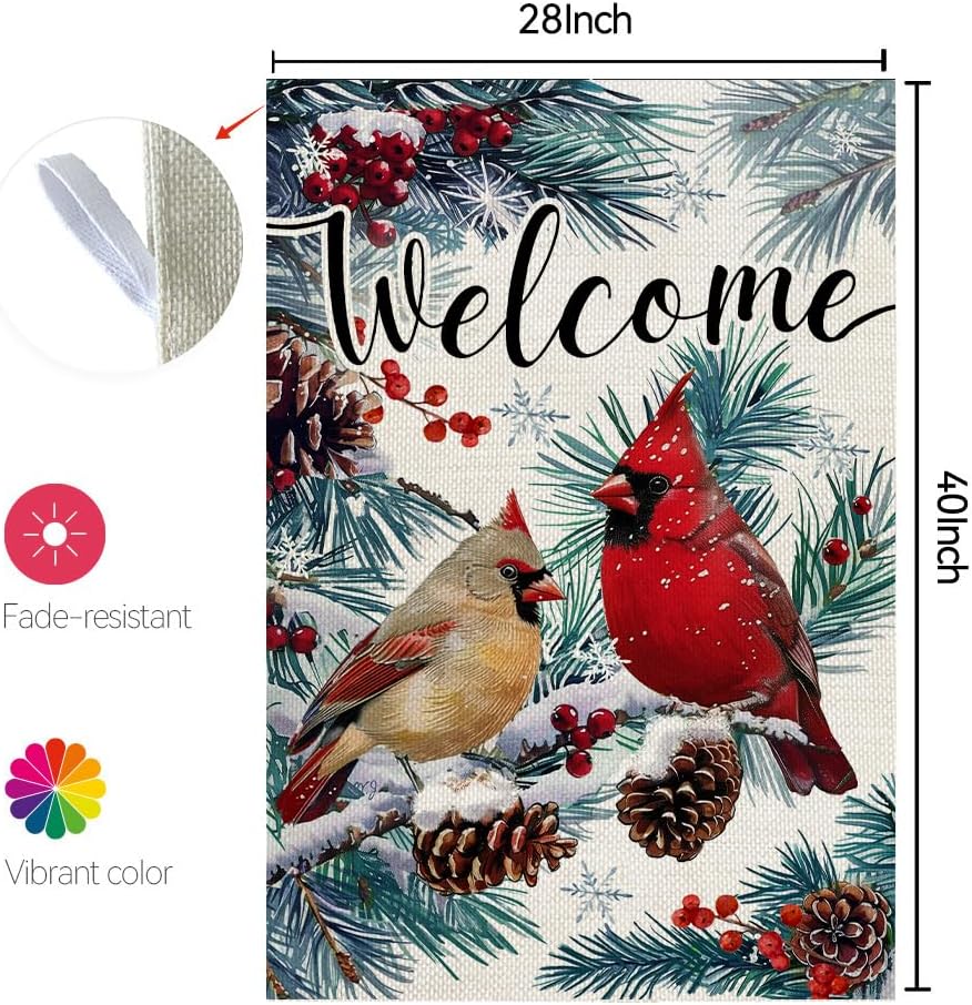 CROWNED BEAUTY Winter Cardinal House Flag 28x40 Inch Double Sided Large Welcome Burlap Holiday Yard Decoration for Outside CF1658-40 - Image 3