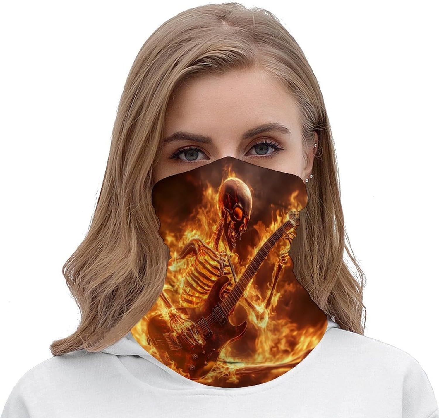 Human Skeleton Playing Guitar in Fire Face Cover Neck Gaiters for Men Women Sun Protection Mask Scarf Hiking Bandana