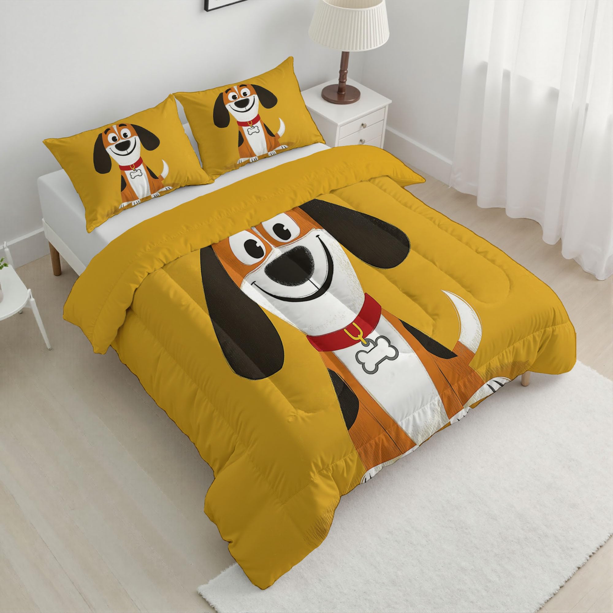Trapunta Invernale in Ecopiuma, 240x220cm Set Piumone Illustrazioni Per Bambini Imbottita 200 gr/mq Caldo e Morbido Piumino Trapuntato Beagle Felice Coperta Letto Reversibile per 4 Stagioni, Curcuma