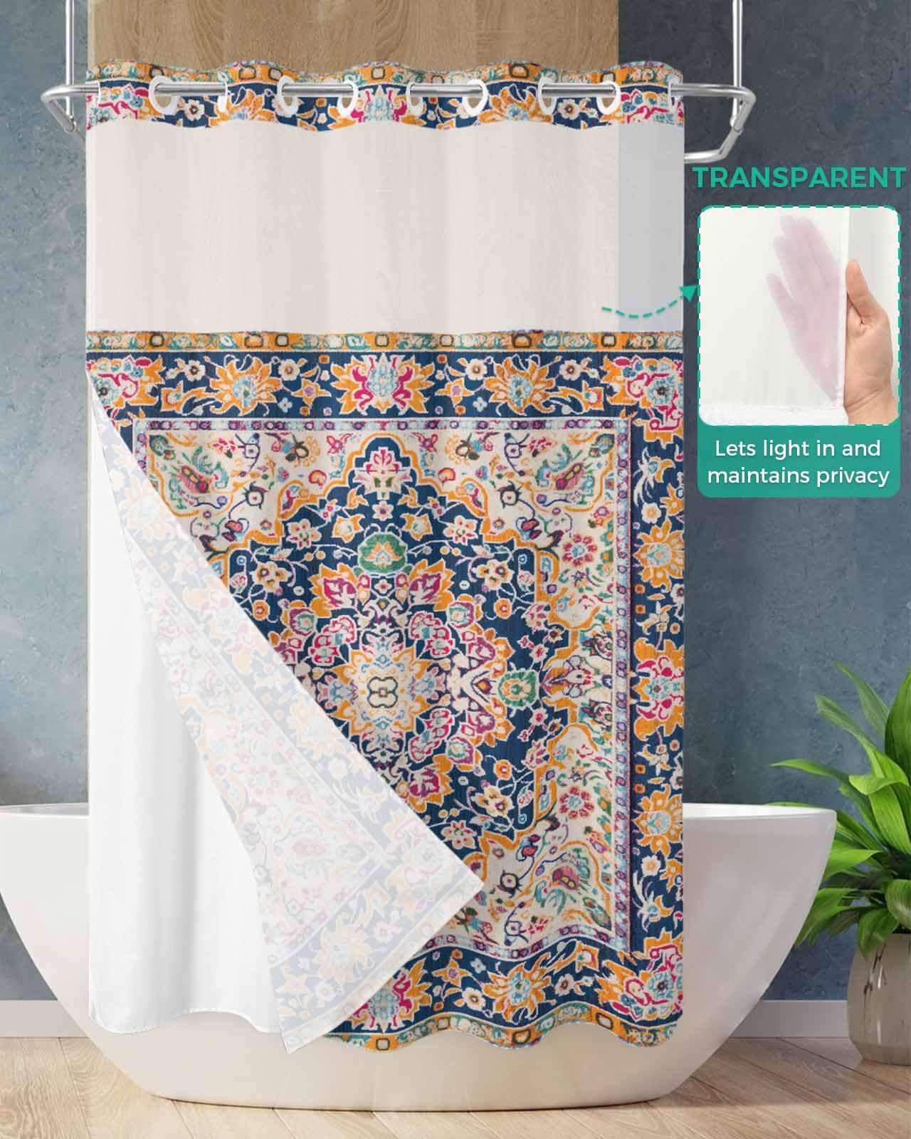 Nesphy Daisy Shower Curtain Set - 54x80 Inch, Snap-On Liner, See-Through Mesh Top, No Hooks Needed - View #14
