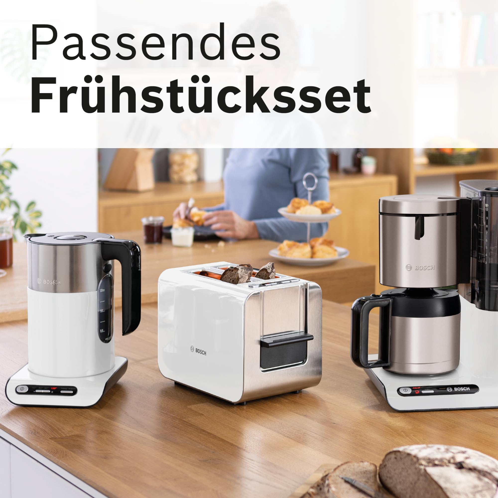 Bosch kabelloser Wasserkocher TWK8611P, Abschaltautomatik, Überhitzungsschutz, Temperaturwahl, Warmhaltefunktion, 1,5 L, 2400 W, weiß