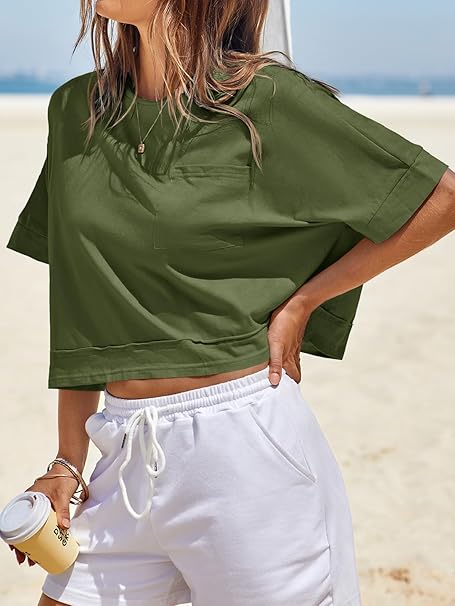 Cicy Bell Dames oversized T-shirts korte crop tops zomer ronde hals korte mouwen sport top zomer blouses korte mouwen gym top basic tee buikvrije shirts, rozerood, M Cicy Bell Dames oversized T-shirts korte crop tops zomer ronde hals korte mouwen sport top zomer blouses korte mouwen gym top basic tee buikvrije shirts, rozerood, M