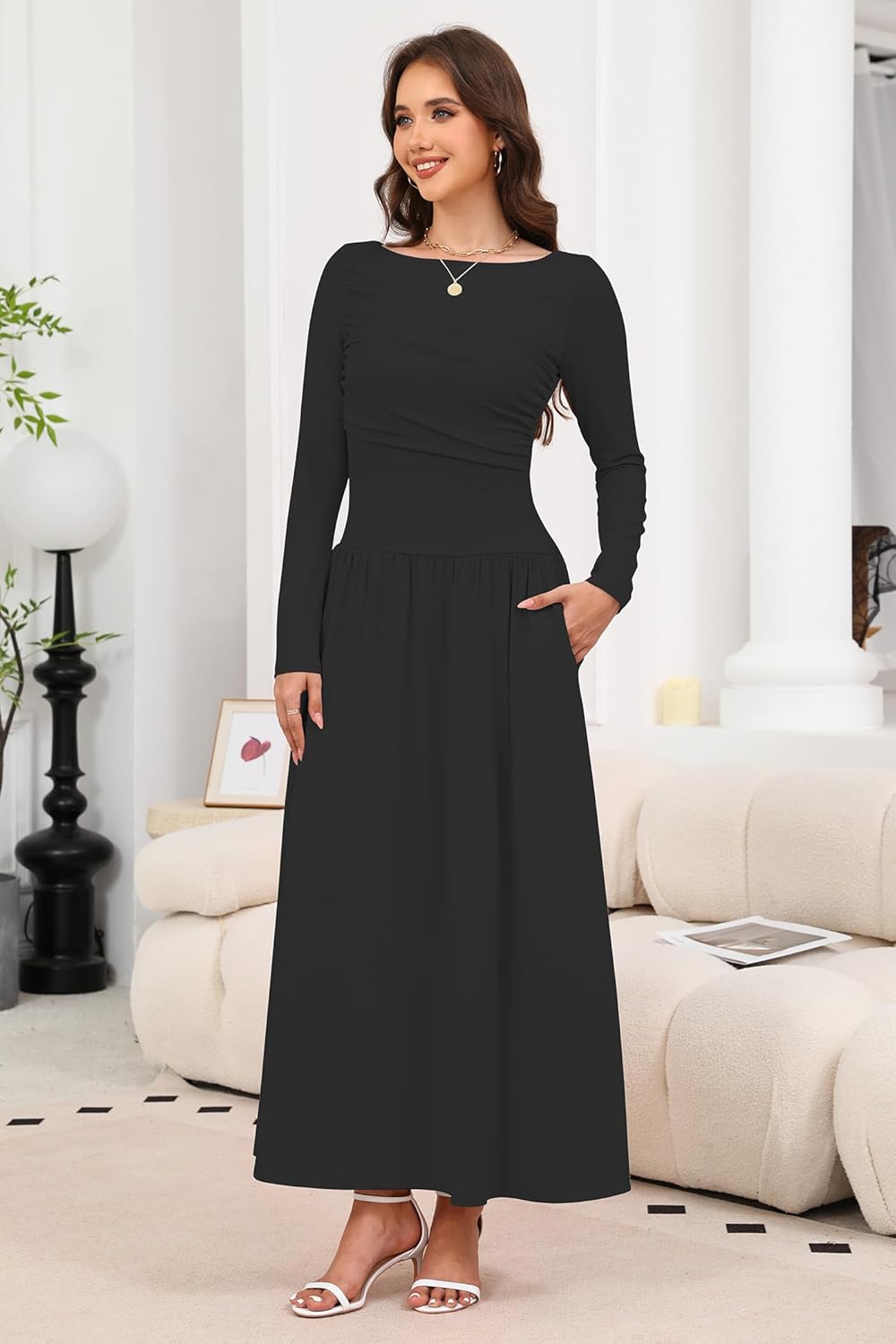 Women's 2025 Fall Long Sleeve Maxi Dress Crewneck Elegant Ruched Waist Casual Slim Pleated A Line Flowy Long Dresses - Image 6