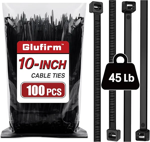 Zip Ties 10 inch (100 Pack), Black Cable Ties, 45lb Tensile Strength, Wire Ties, Glufirm