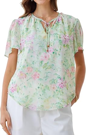Women Short Sleeve Chiffon Floral Tie Neck Blouse Casual Boho Tunic Shirts | Puff Sleeve lightweight Relaxed Fit Flowy Summer Elegant Vintage Work Office Commute Vocation Date Night Daily Dressy Tops