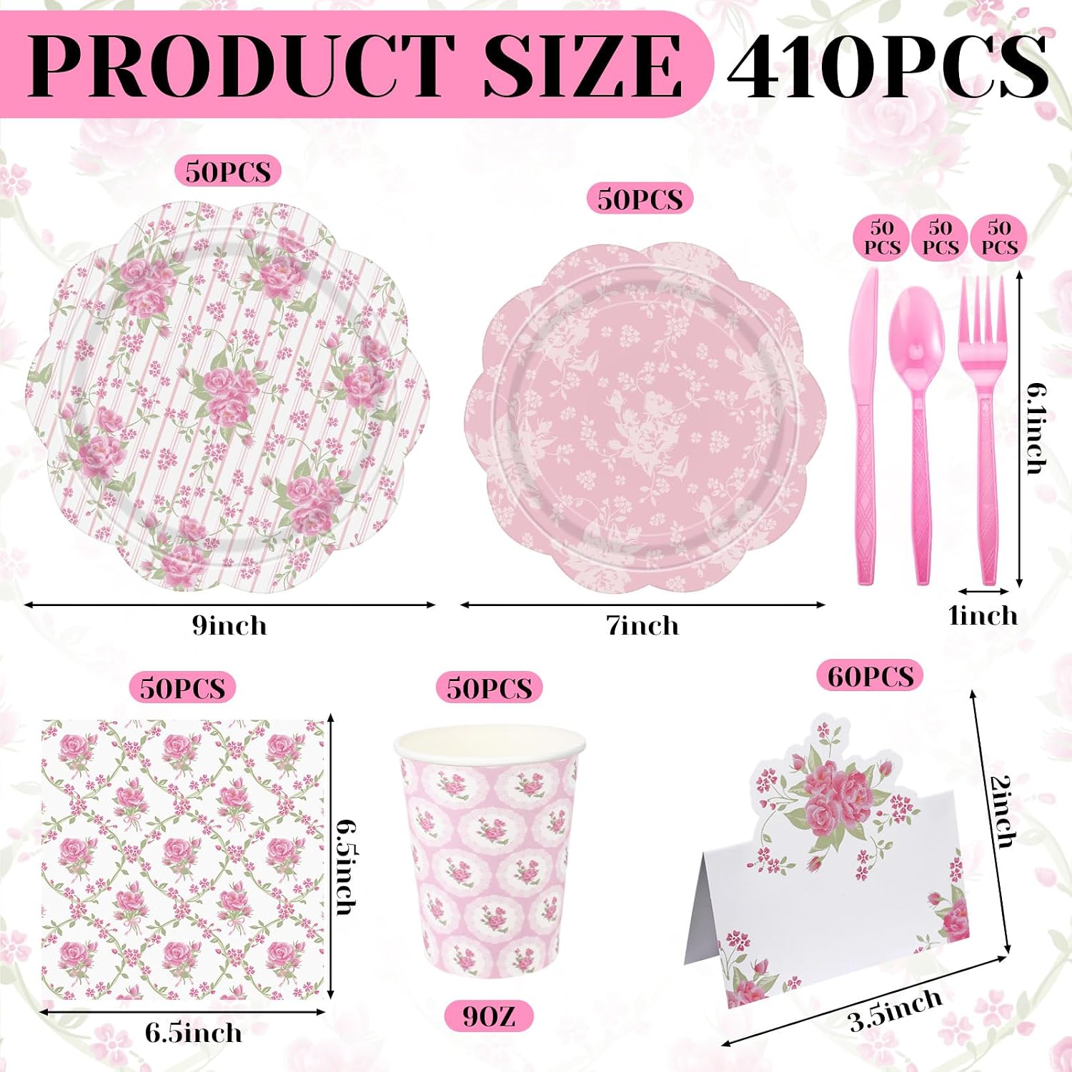Shellwei 410 Pcs Tea Party Supplies Elegant Floral Paper Plates and Napkins Set Disposable Party Tableware Sets with Cups Knives Forks Spoons Seat Card Favors for 50 Guests