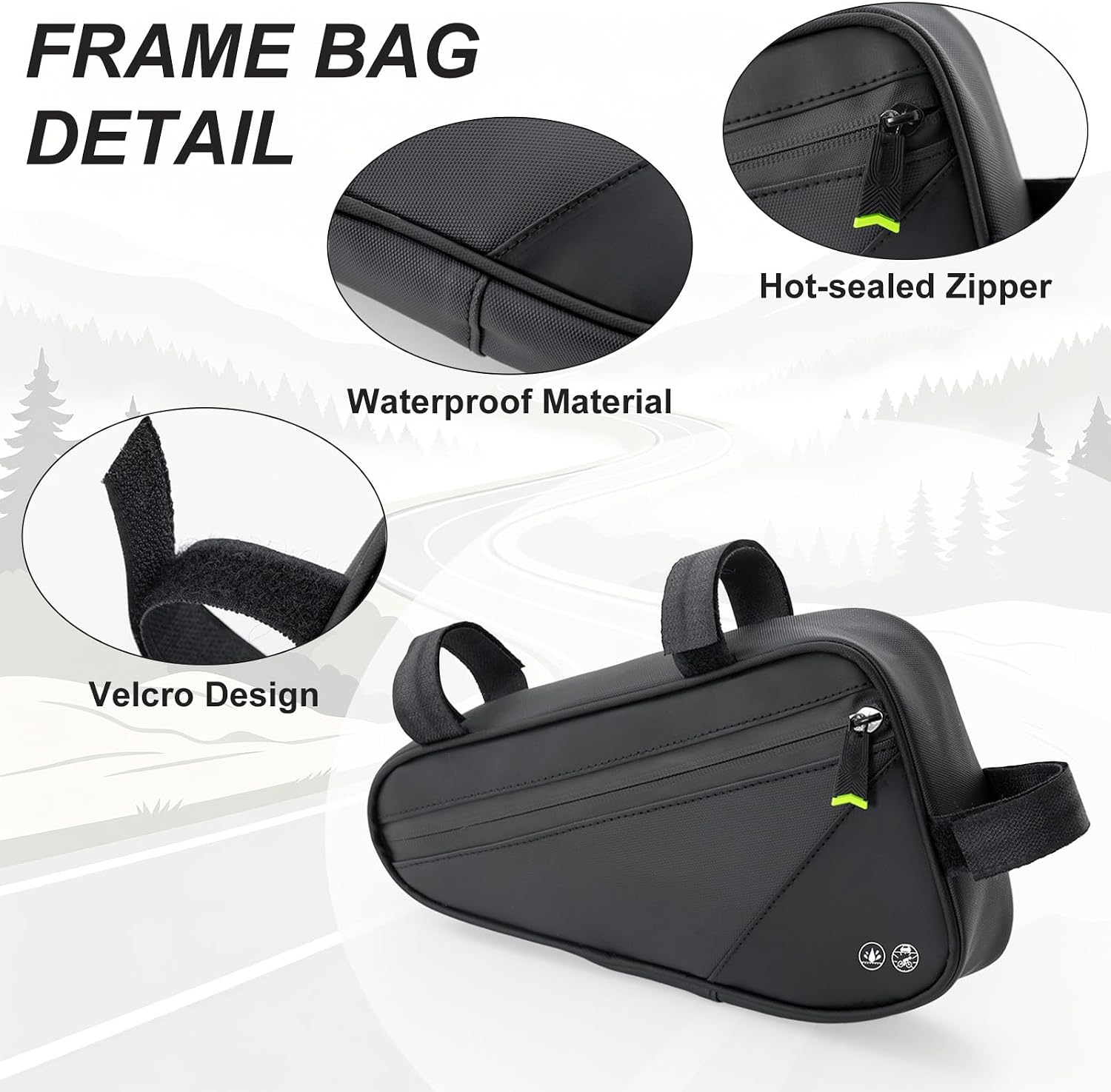 Bike Frame Bag, Water-Resistant Triangle Storage Travel Bag for Mountain Road Bike, Cycling Storage Tool Accessories with 3 Straps and Leg-Friendly Design