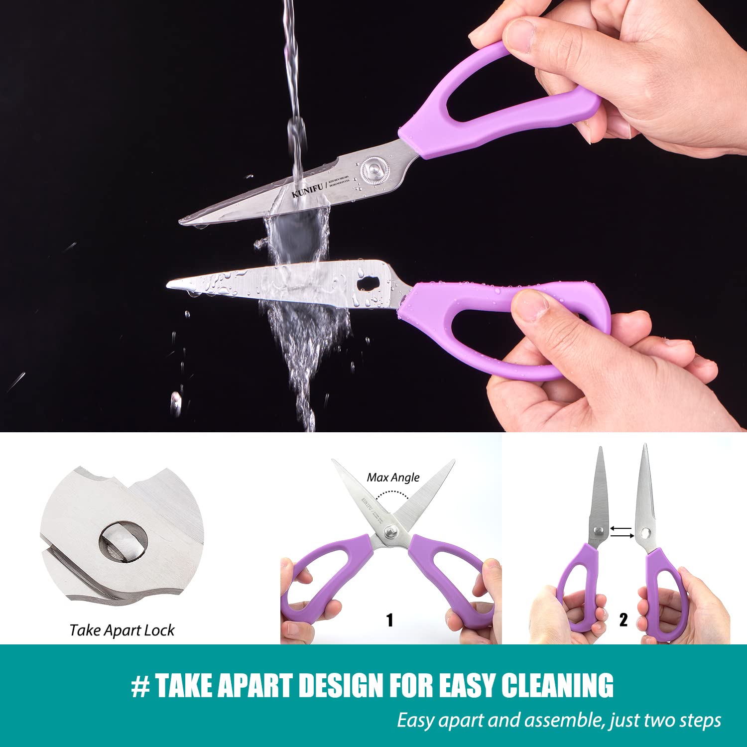 Kunifu, forbici multiuso da cucina, lavabili in lavastoviglie, forbici ultra affilate in acciaio inox per alimenti, forbici resistenti per pollo, carne, pesce, erbe aromatiche, viola