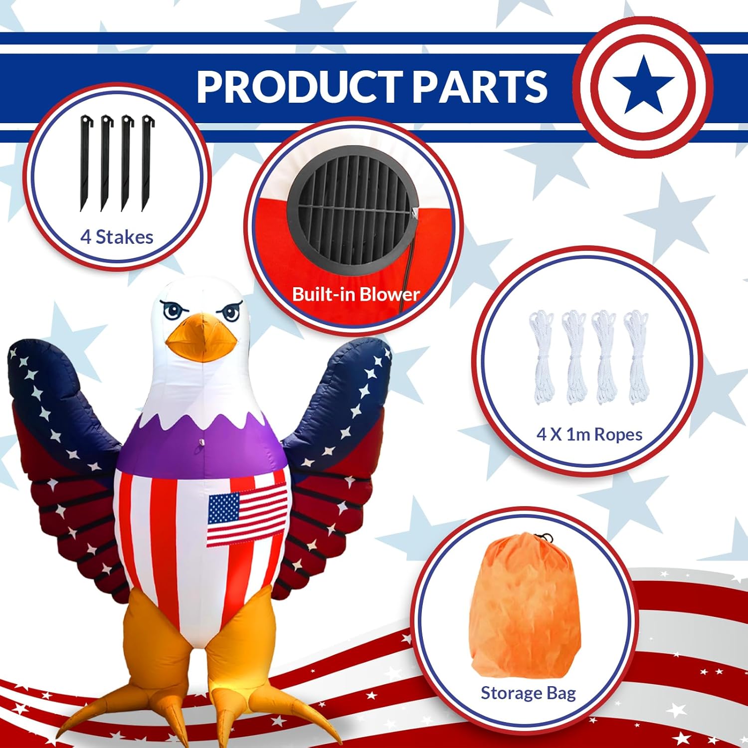 Patriotic Inflatable 6FT Bald Eagle with Flying Wings 4th of July Inflatable Yard Decorations Outdoor Holiday LED Blow up Decor for American Decorations Advertising Business Promotion