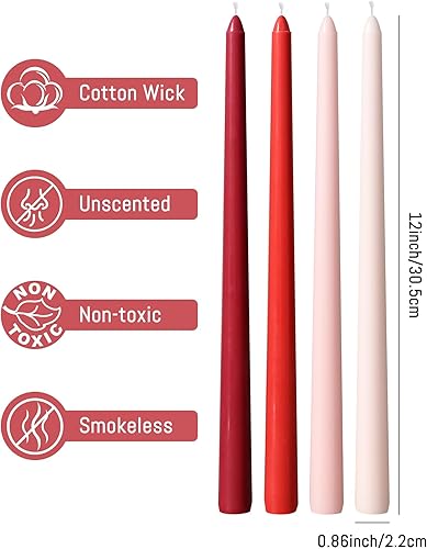Miniatura 5 de Viyffo Paquete de 4 velas cónicas rojas de 12 pulgadas, sin perfume, sin humo, largas y altas para candelabros, boda, decoración del hogar, cena