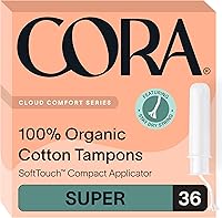 Cora Organic Cotton Super Tampons, 36 Count - 100% Certified Organic, Leak-Proof Protection & BPA-Free Applicators