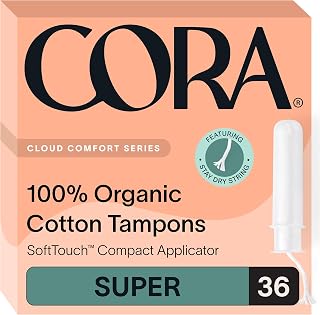 Cora Organic Cotton Super Tampons, 36 Count - 100% Certified Organic, Leak-Proof Protection & BPA-Free Applicators