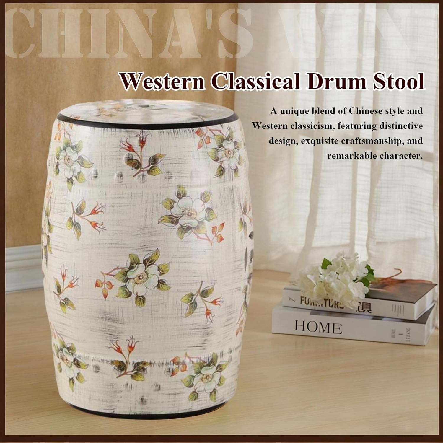 Chinese-Style Drum Stool Flowers & Butterflies Garden Stool Decorative Indoor and Outdoor Garden Stool for Yard, Patio, Porch, Backyard(F)