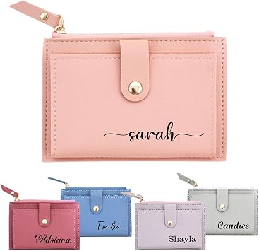 Personalized Leather Card Holder - Custom Name Engraved Mini Wallet for Girl & Women. Compact eather Clutch ID & Credit Card Holder, Perfect Christmas, Birthday Thanksgiving, Mothers Day Gift