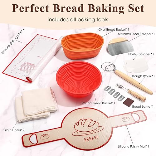 Miniatura 2 de DOQAUS Cesta de pan de masa madre y suministros para hornear, kit para hacer pan que incluye cesta Banneton redonda de silicona de 9 pulgadas y 10