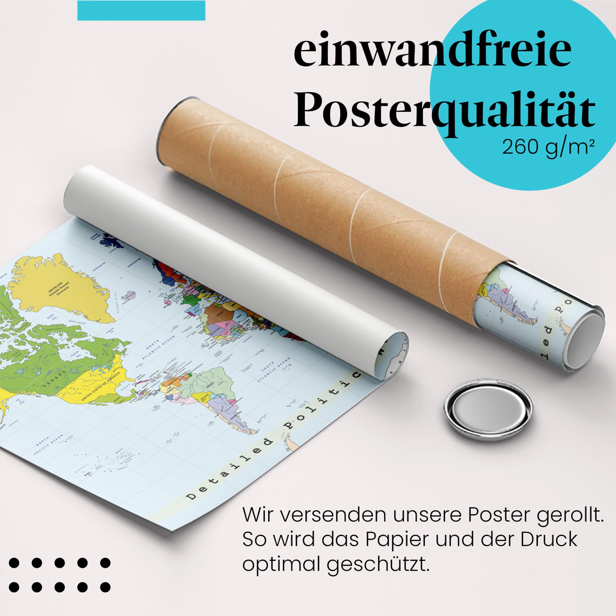 Postereck - 0556 - Detaillierte politische Weltkarte, Hauptstädten - Unterricht Klassenzimmer Schule Wandposter Fotoposter Bilder Wandbild Wandbilder - Leinwand - 75,0 cm x 50,0 cm