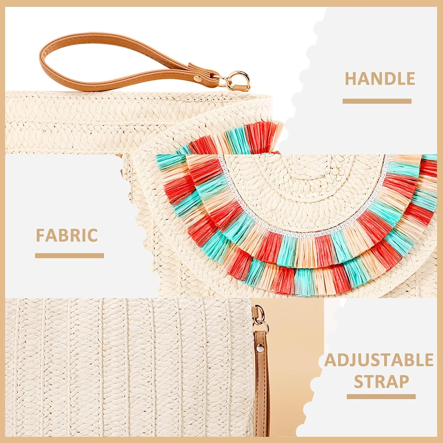Clutch Purses for Women, Straw Beach Bag, Bohemian Handmade Woven Envelope Package, Tassel Summer Handbags for Vacation, Travel(Red+Green)