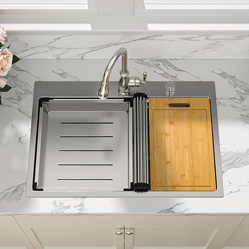 Miniatura 4 de Sarlai - Fregadero de cocina de 33 niveles con repisa de doble nivel, con estación de trabajo de 33 x 22 pulgadas, de acero inoxidable de calibre