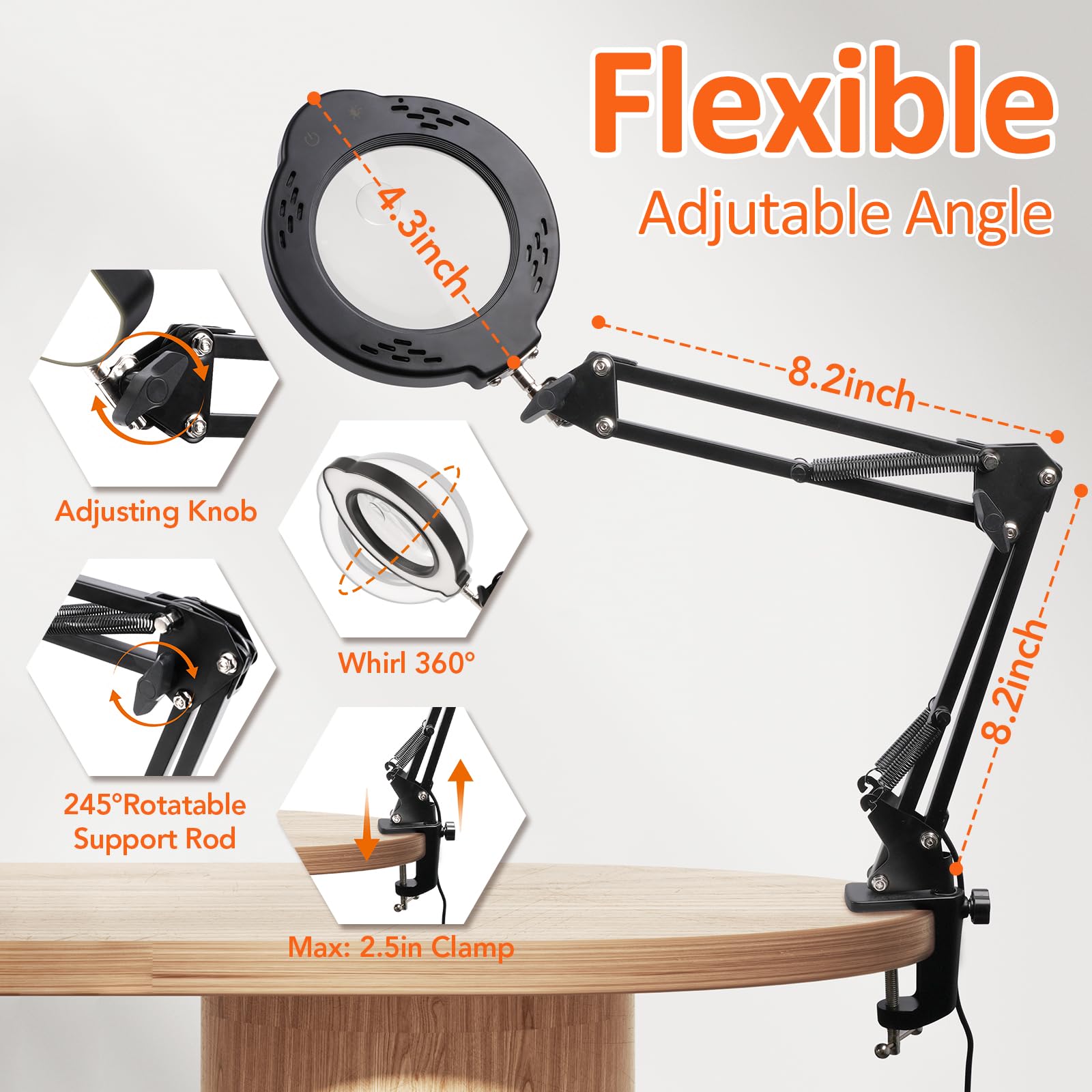 10-fache 30-fache Lupe mit Licht, Desktop-LED-Lupenlampe mit Klemme, 5 Farbmodi, 10 dimmbare Stufen, Lupe mit Licht, freihändiges Lesen, Basteln, Schmuck, Nähen