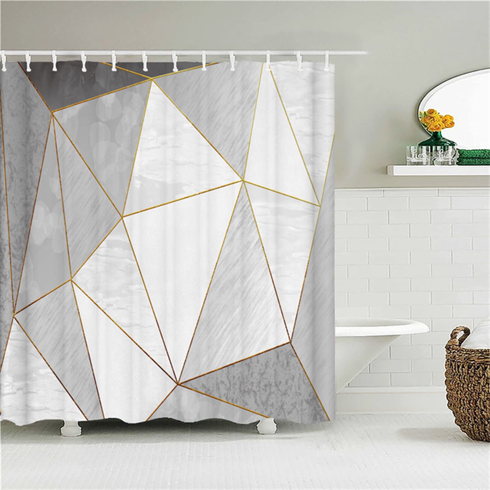 Rideau Géométrique Moderne Rideau Douche Terracotta Géométrique Noir - 120x200cm - Tissu Polyester Imperméable Anti-Moisissure Design Géométrique Moderne