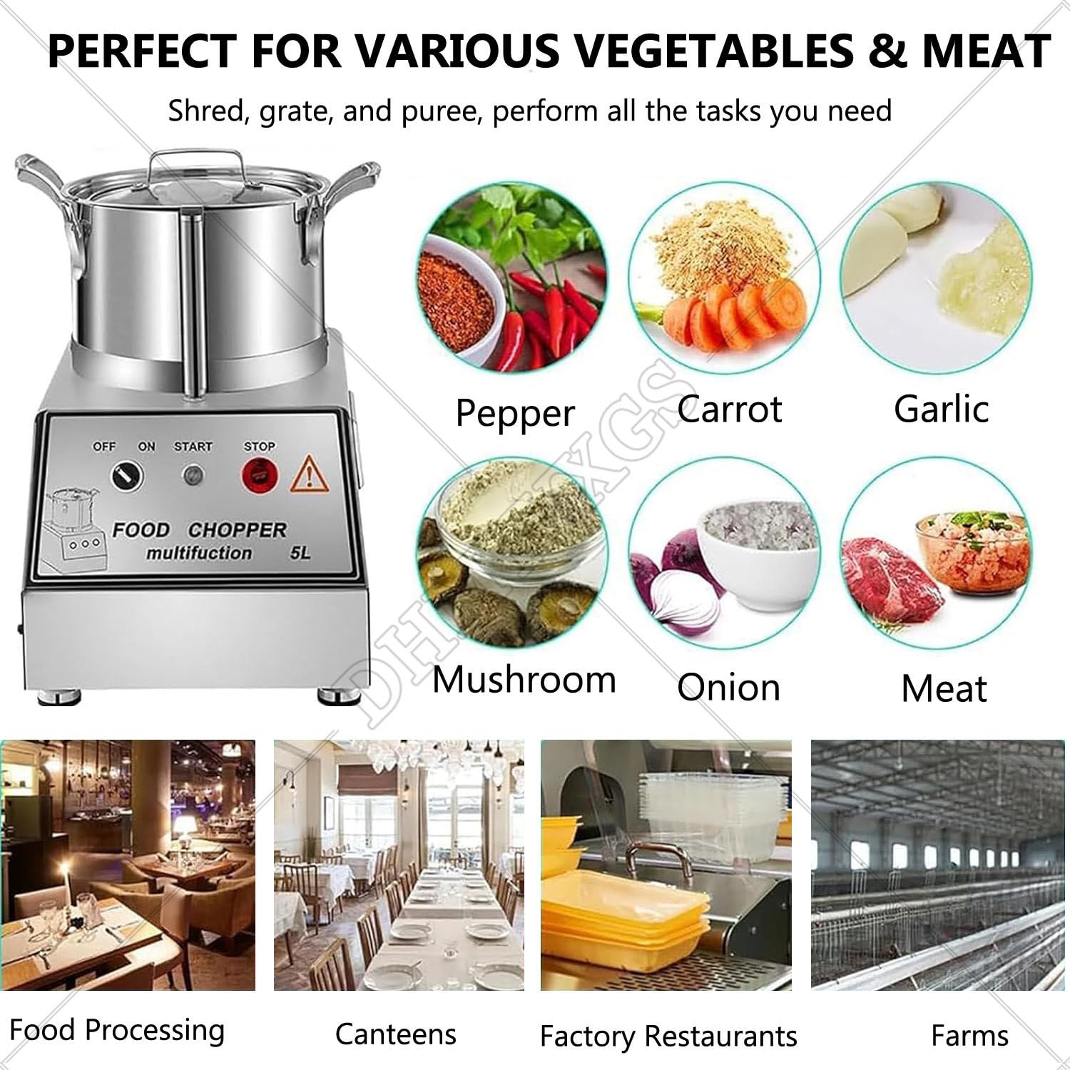 Professionale Tritatutto Verdure Grande capacità 10l,Tritacarne Elettrico 1400 Giri/Min,Acciaio Inox Tagliaverdure Automatico,per Verdure,Frutta,Carne E Cereali 5L