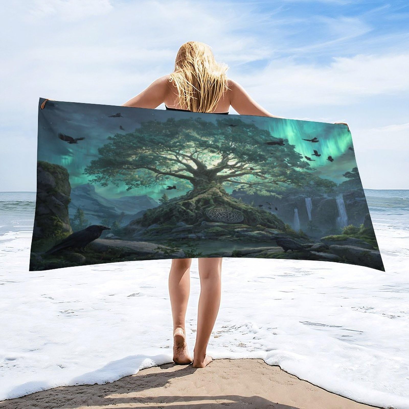 Luyysky Retro Vintage Tree Of Life Quick-Drying Beach Towel, Rustic Mysterious Northern Light Aurora Animal Bird Raven Travel Vacation Single Sided Pile Bathroom Towels-80 W Cm X 160" L Cm
