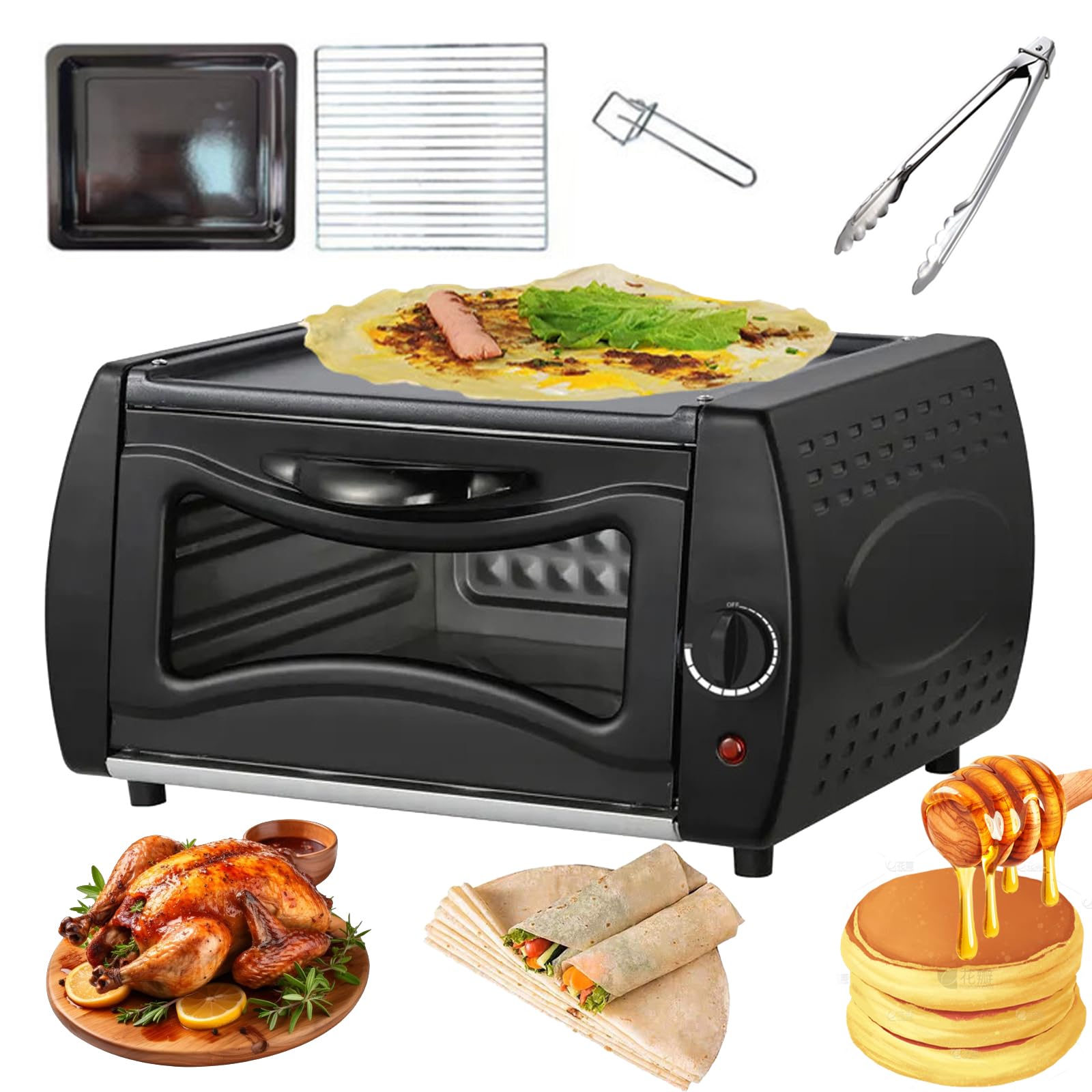 Piekarnik 2 w 1, elektryczny ekspres do roti z regulacją temperatury/szkło wizualne/drzwi gorącej płyty, taca do pieczenia / uchwyt do pieczenia / uchwyt tacy, piec do pizzy na kwadrat