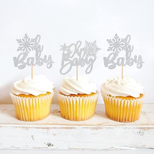 Miniatura 5 de Ercadio Paquete de 24 adornos de copos de nieve para cupcakes Oh Baby con purpurina plateada de copo de nieve Oh Baby para cupcakes de invierno