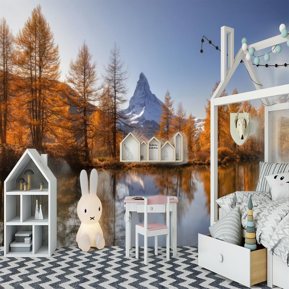 Autumn Forest Wall Mural, Snow Mountain Lake Peel and Stick Self-Adhesive Wallpaper Removable Wall Decor for Living Room Bedroom TV and Sofa Background,169.3" W x118.2 H