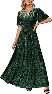 Women's Velvet Short Sleeve V Neck Formal Wedding Guest Maxi Dresses Fall Evening Party Long Dresses