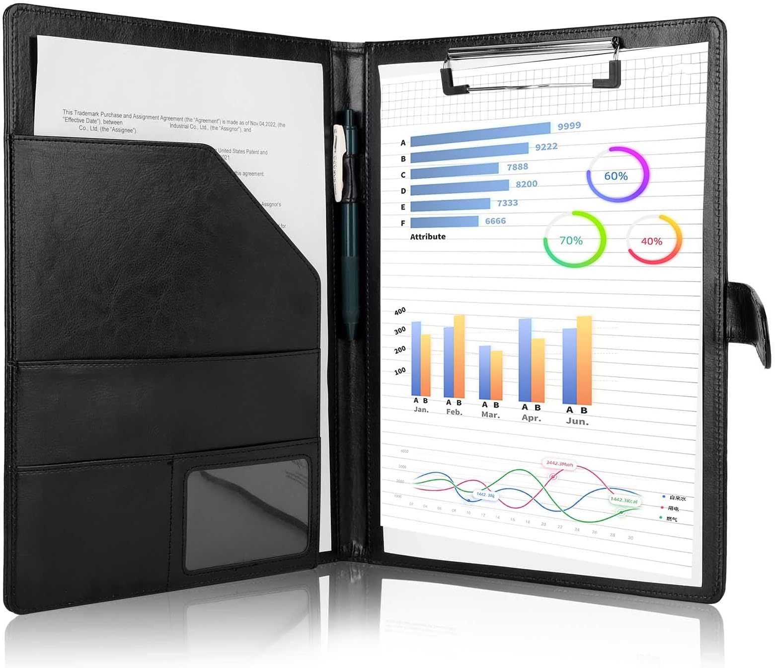 Padfolio Portfolio Folder Binder, Leather Portfolio Folder with Cover for A4 Notepad Holder, Business Portfolio for Resume, Legal Pad, Interview, Letter-Size Padfolio for Women Men (Black)
