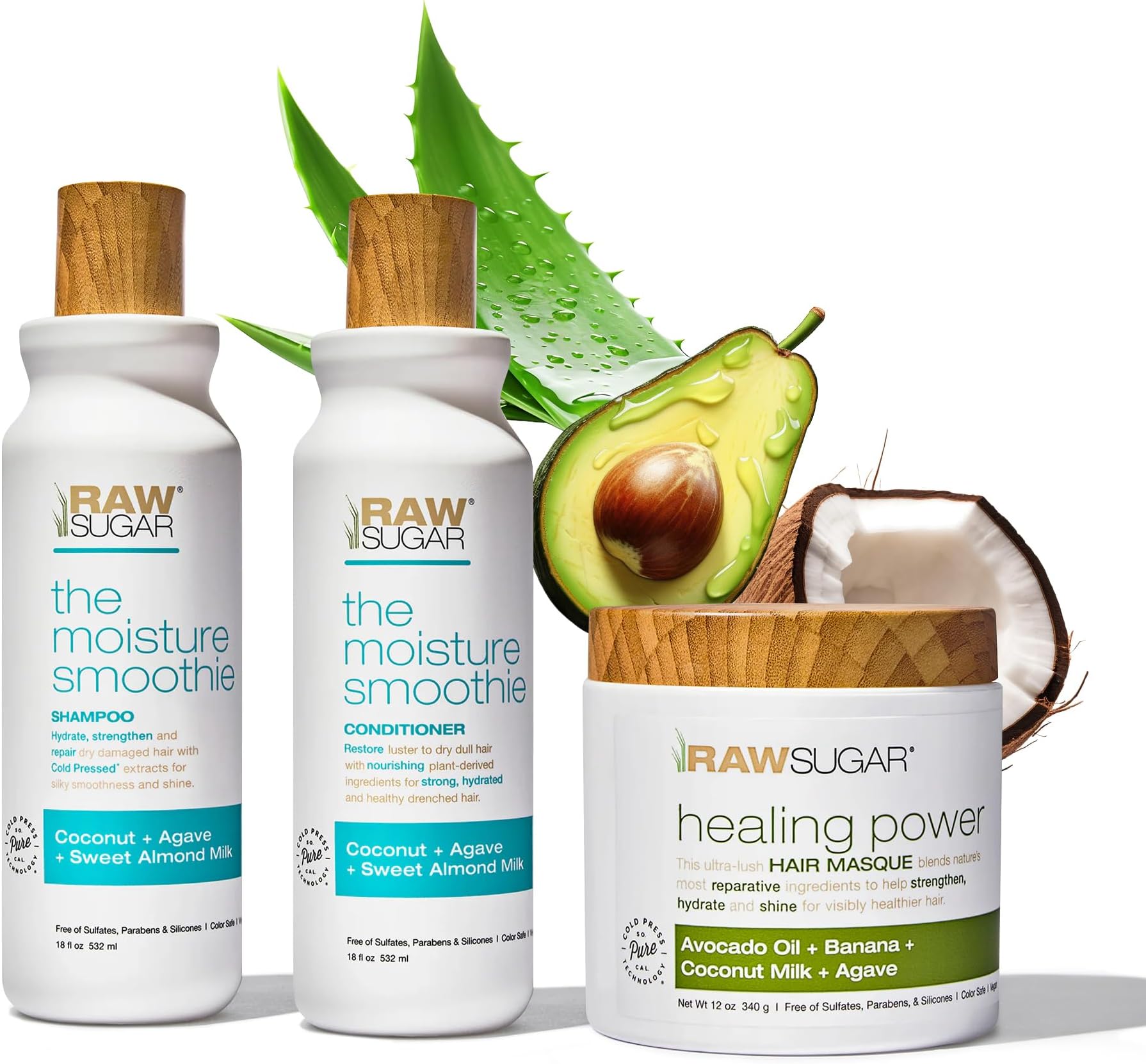 RAW SUGAR Moisture Smoothie + Hair Masque Bundle - Shampoo, Conditioner, Hair Care for Dry Damaged Hair, Sulphate and Paraben Free Formula