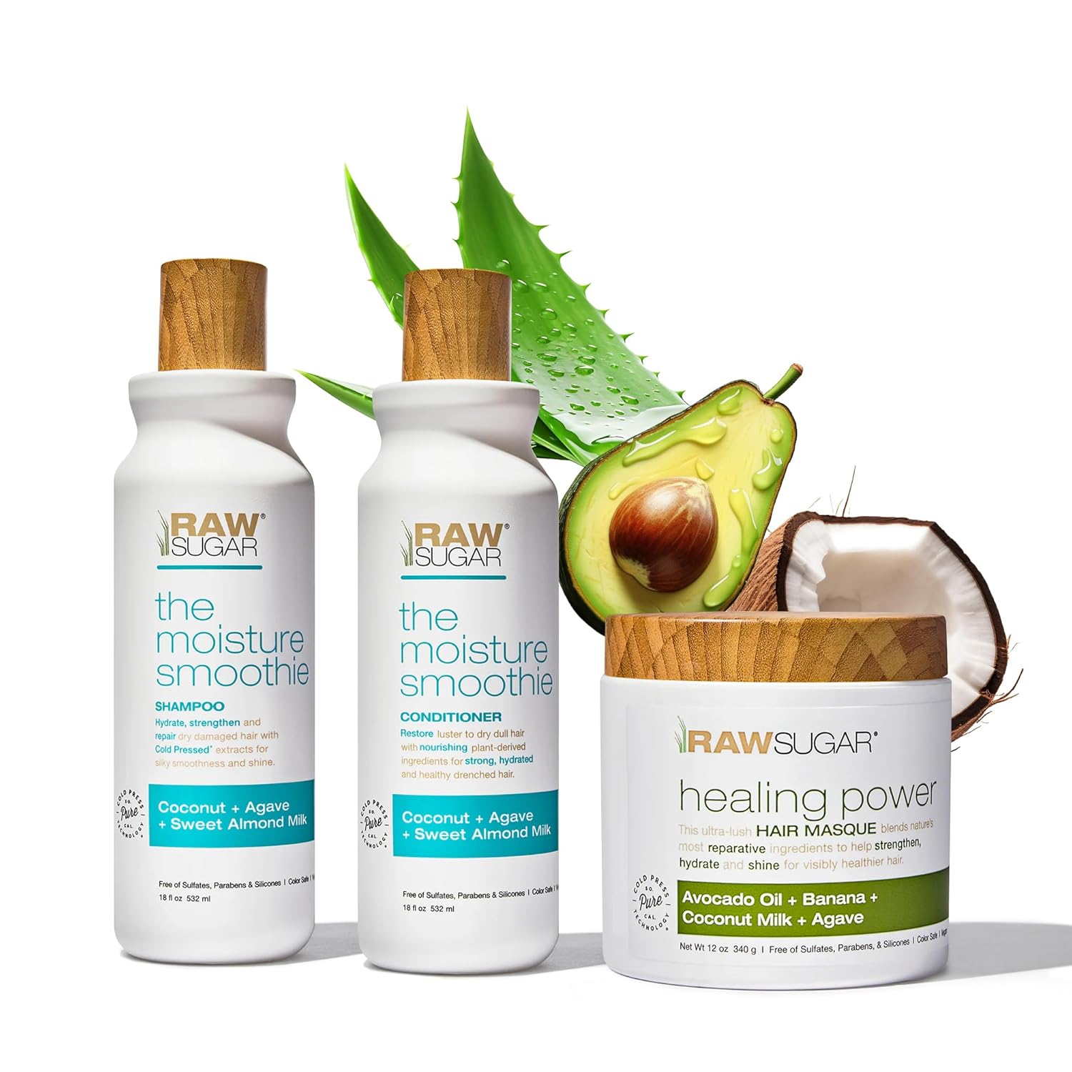 Raw Sugar Moisture Smoothie + Hair Masque Bundle – Shampoo, Conditioner, Hair Care for Dry Damaged Hair, Formulated without Sulfates & Parabens