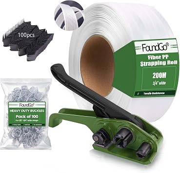 FoundGo Manual Strapping Kit 19mm & 200m High-Strength Fiber-Reinforced PP Strapping Band, for Heavy Duty Durable Pallet Packaging Strapping Tool,Grass Green,100 Metal Buckles & 100 Edge Protectors